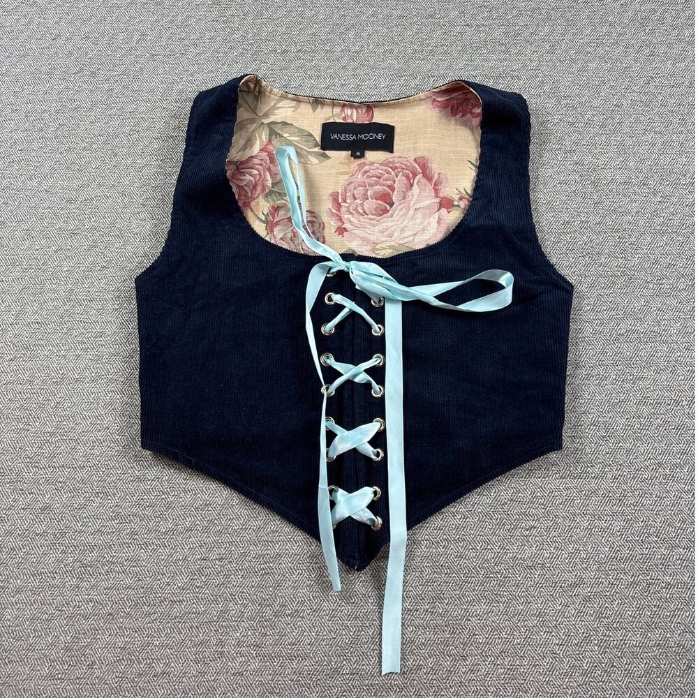 Vanessa Mooney Sz S Navy Corduroy Lace Up Vest Corset Festival Boho Floral